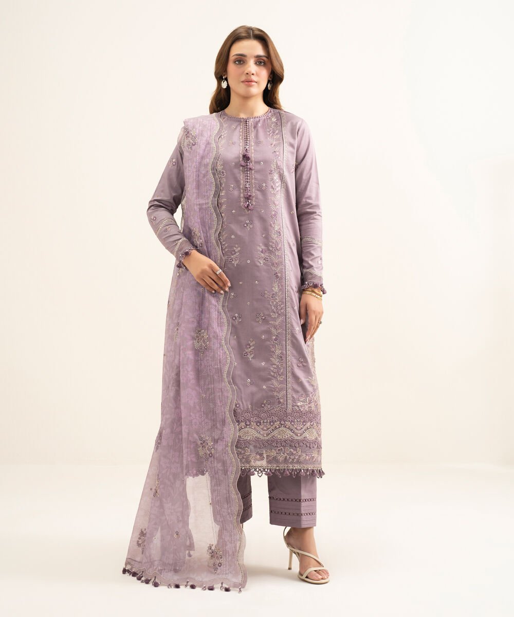 3 Piece - Embroidered Cotton Satin Suit