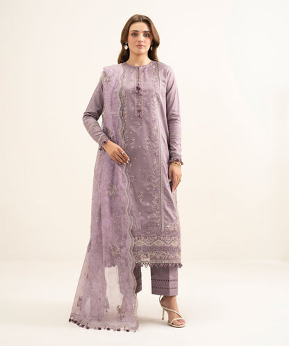 3 Piece - Embroidered Cotton Satin Suit