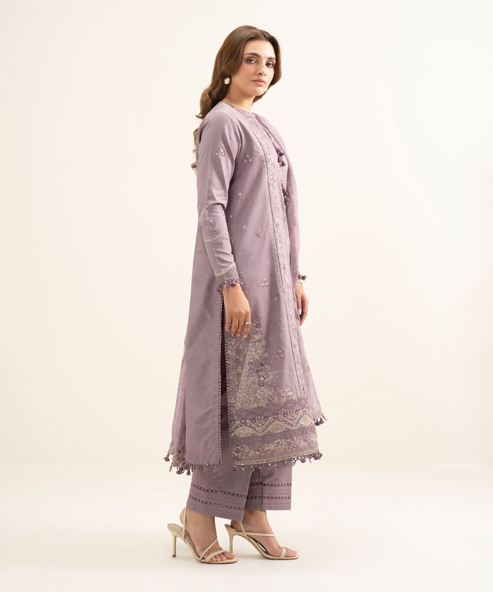3 Piece - Embroidered Cotton Satin Suit