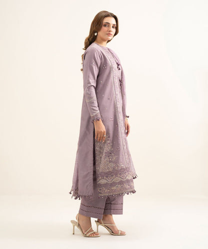 3 Piece - Embroidered Cotton Satin Suit