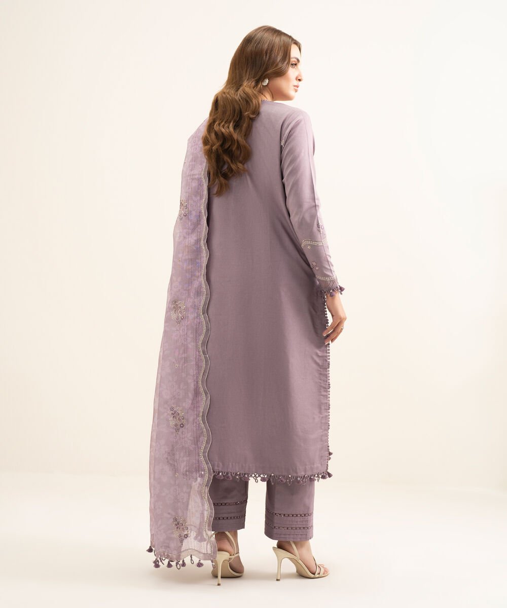 3 Piece - Embroidered Cotton Satin Suit