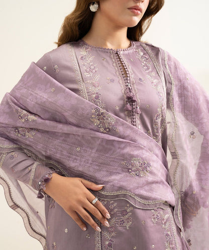 3 Piece - Embroidered Cotton Satin Suit