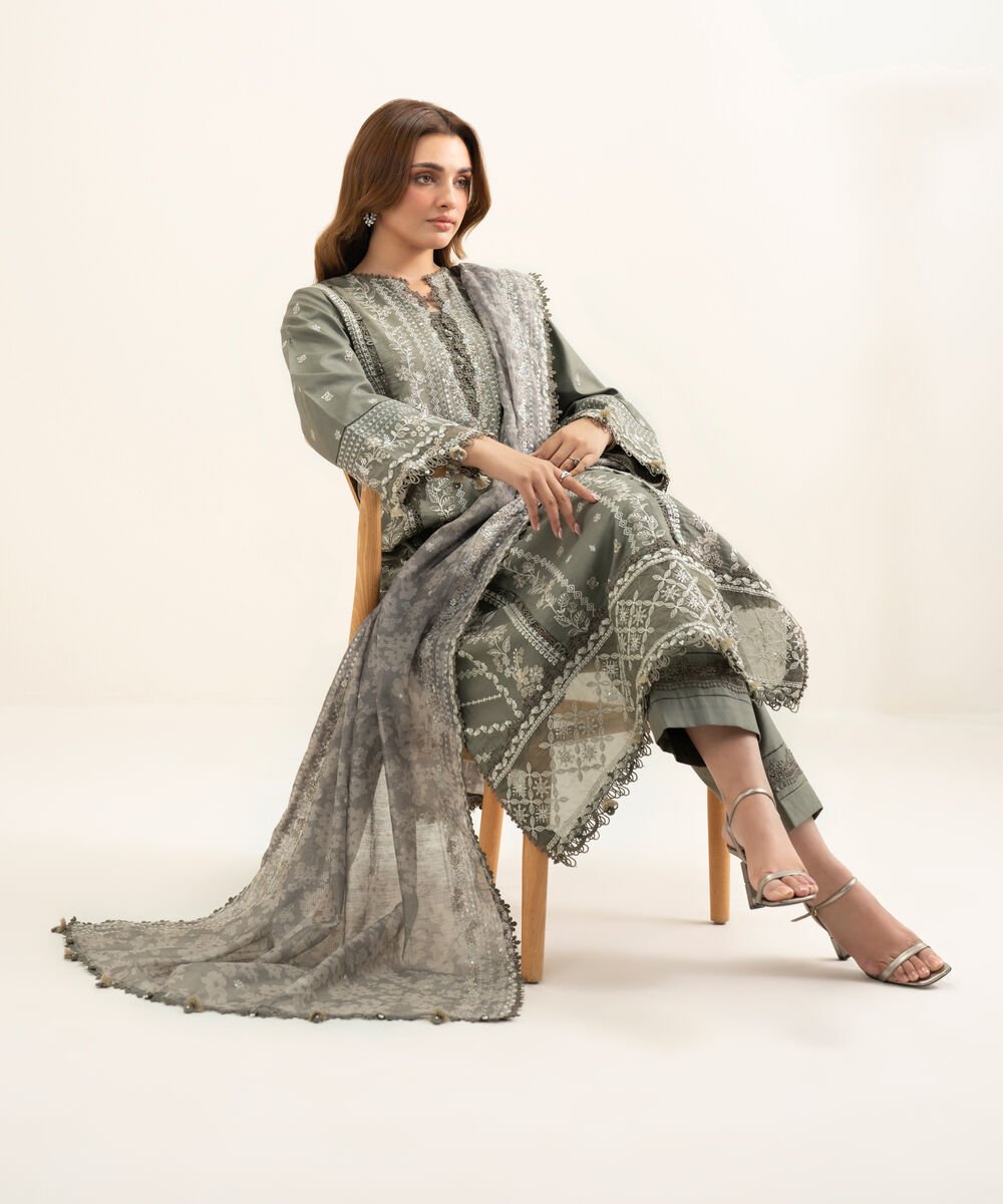 3 Piece - Embroidered Cotton Satin Suit