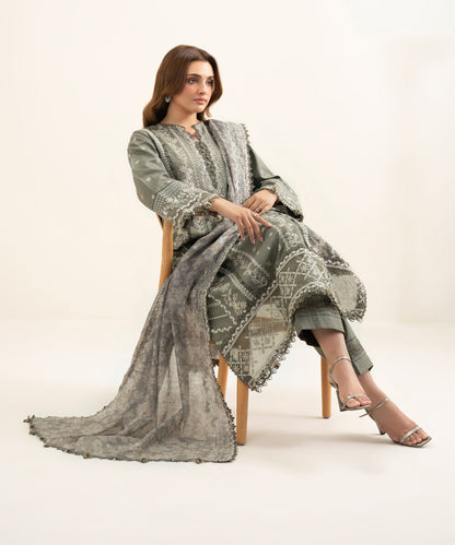 3 Piece - Embroidered Cotton Satin Suit