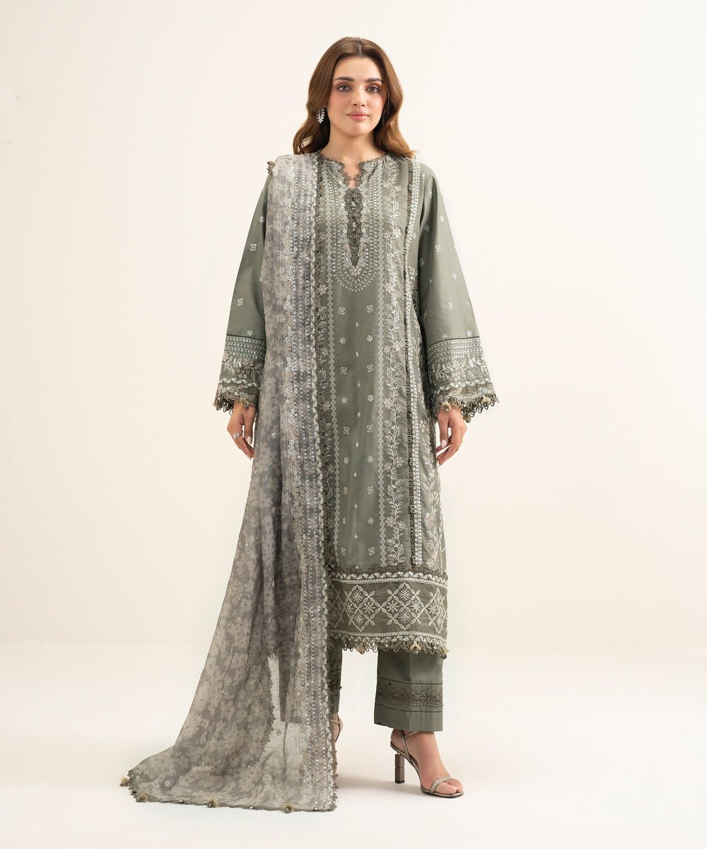 3 Piece - Embroidered Cotton Satin Suit