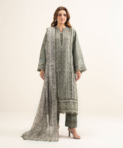 3 Piece - Embroidered Cotton Satin Suit