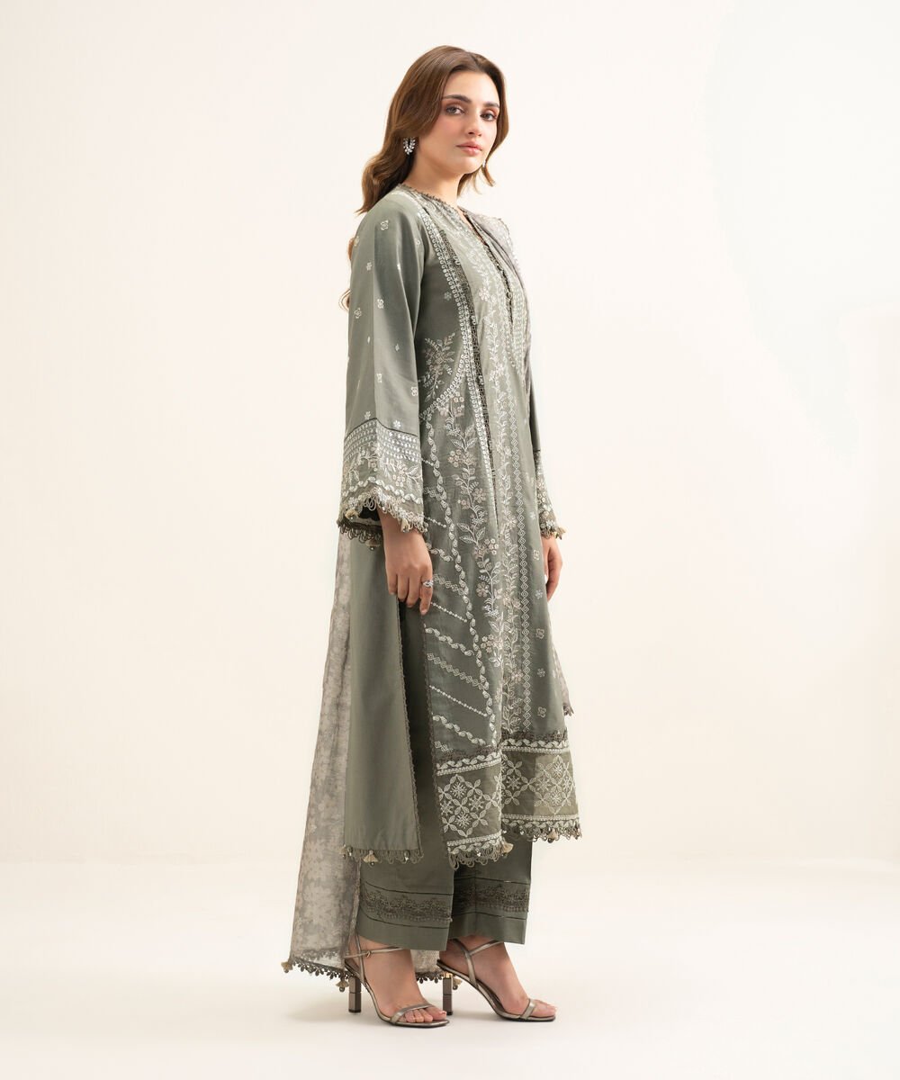 3 Piece - Embroidered Cotton Satin Suit