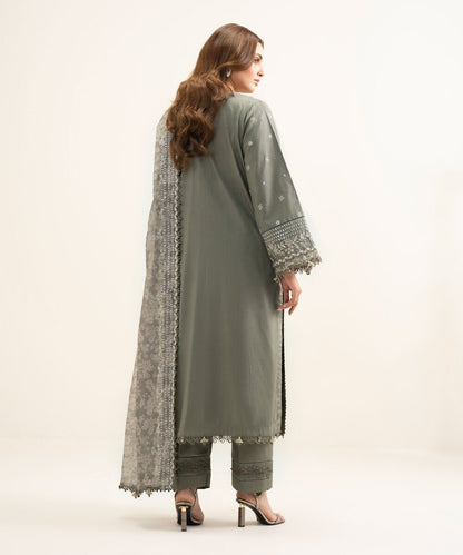 3 Piece - Embroidered Cotton Satin Suit