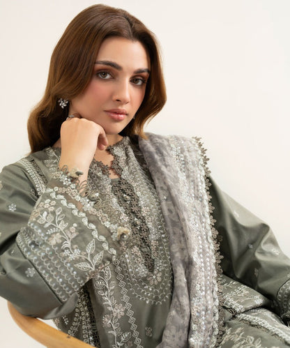 3 Piece - Embroidered Cotton Satin Suit