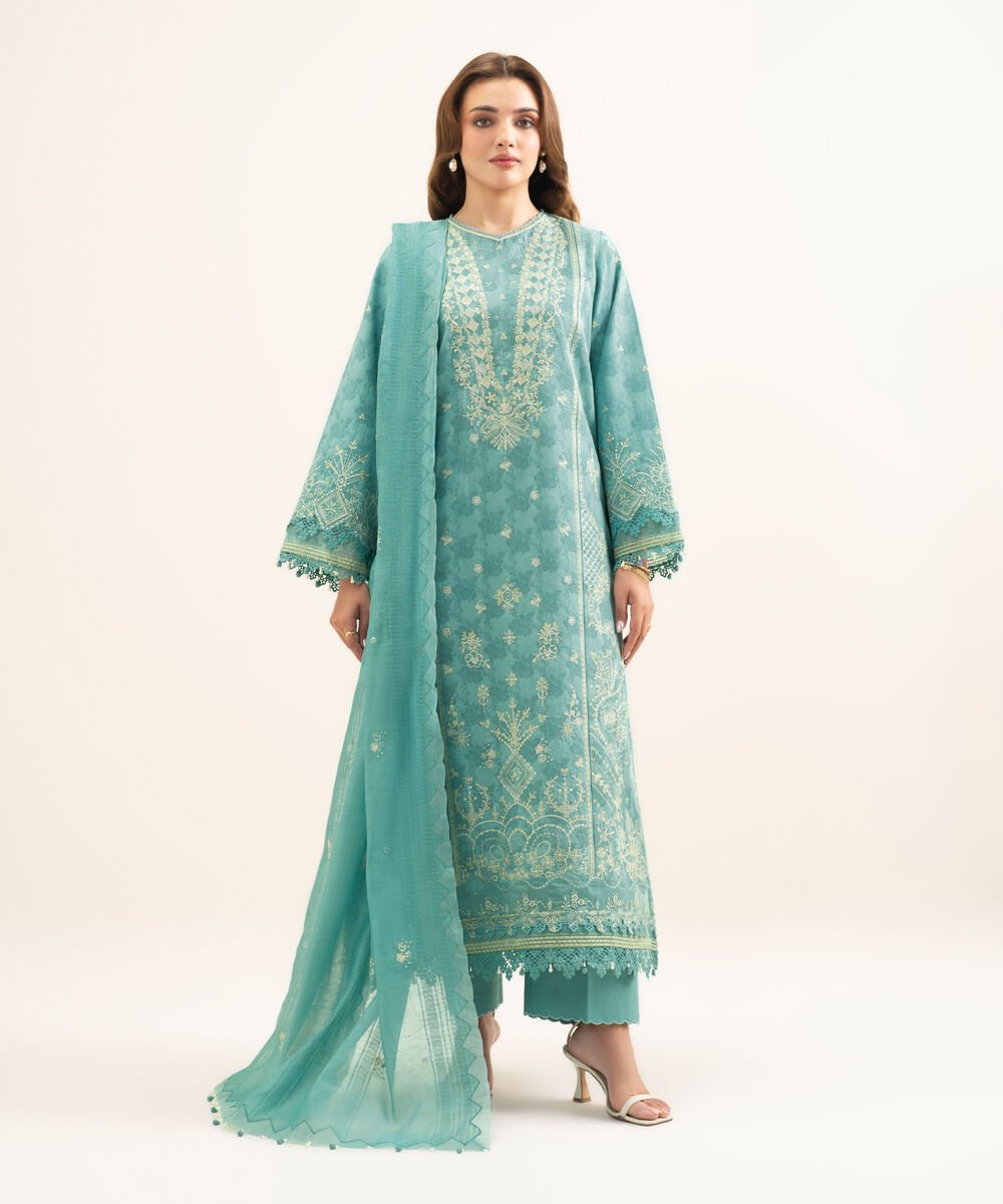 3 Piece - Embroidered Cotton Jacquard Suit