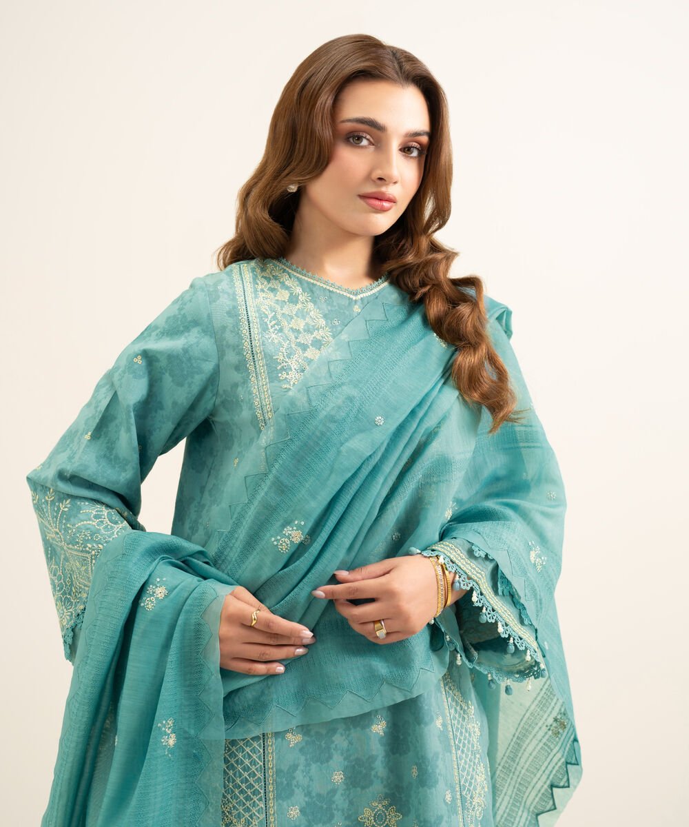 3 Piece - Embroidered Cotton Jacquard Suit