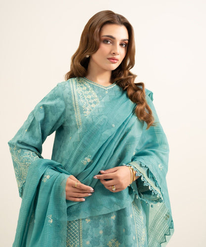 3 Piece - Embroidered Cotton Jacquard Suit
