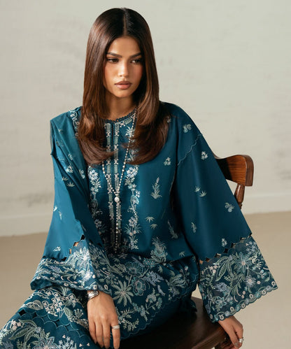 3 Piece - Embroidered Cotton Satin Suit
