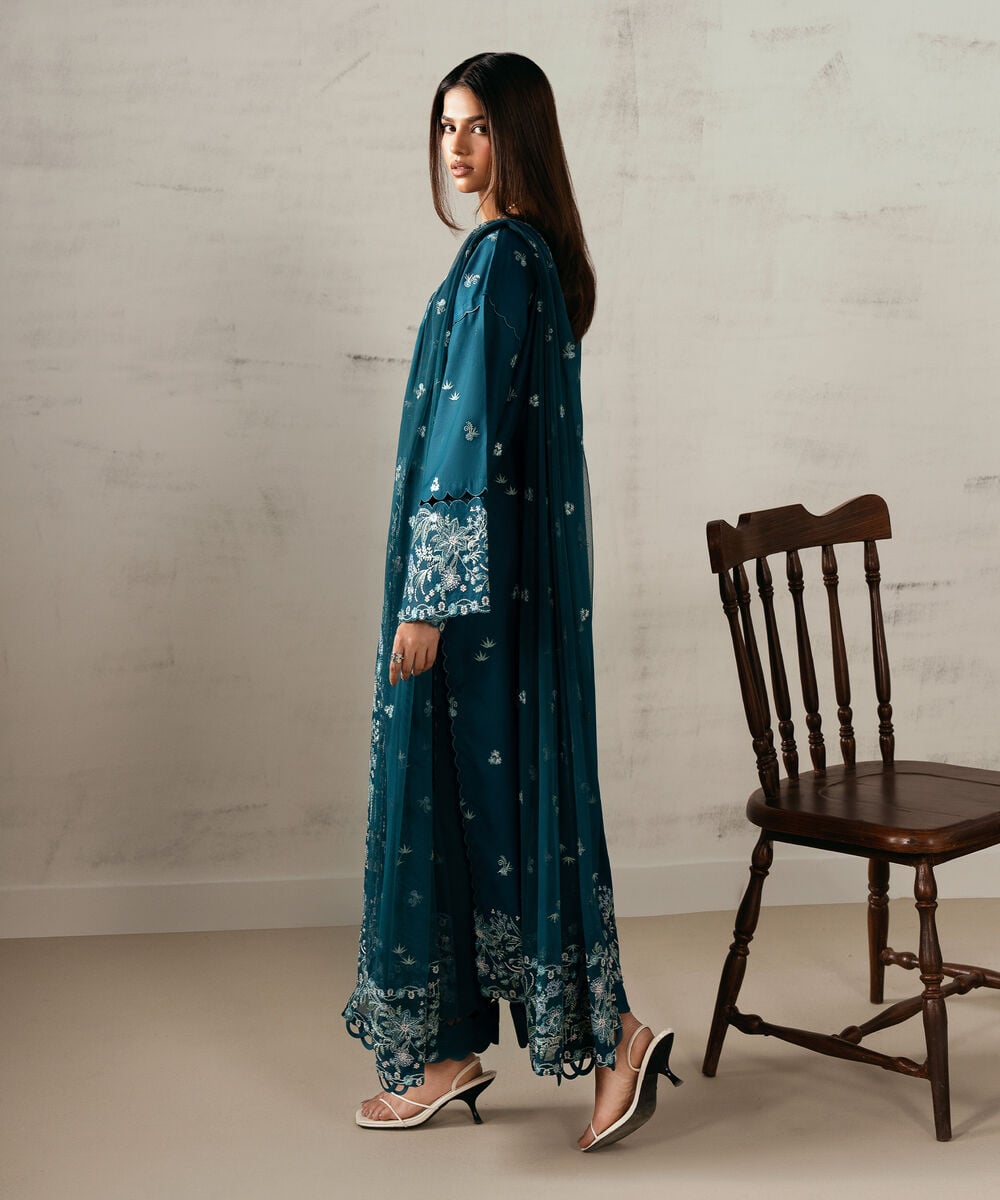 3 Piece - Embroidered Cotton Satin Suit
