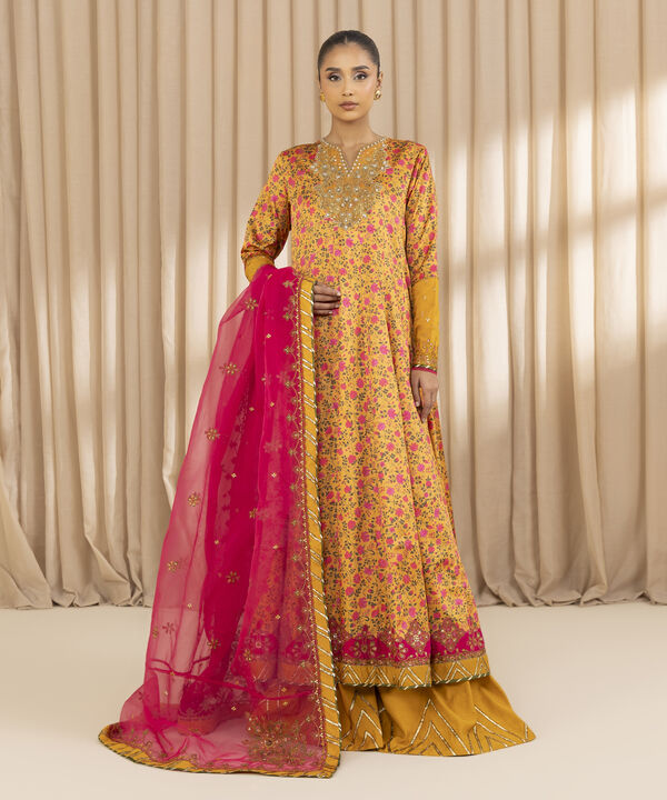 3 Piece - Embroidered Satin Suit (Unstitched)