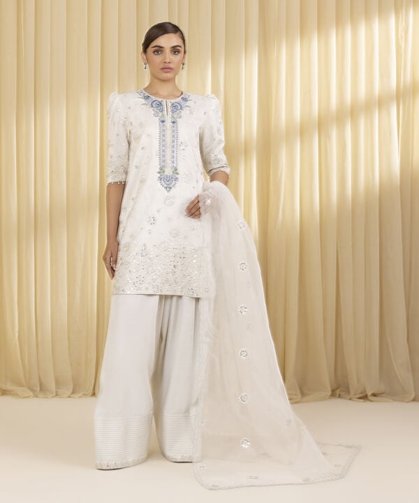 3 Piece - Embroidered Raw Silk Suit (Unstitched)