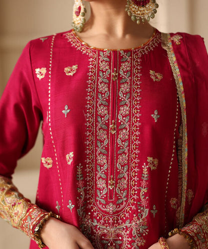 3 Piece - Embroidered Raw Silk Suit (Unstitched)
