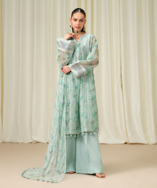 3 Piece - Embroidered Net Suit