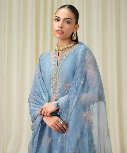 3 Piece - Embroidered Net Suit