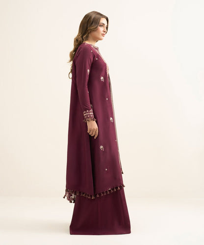 3 Piece - Embroidered Raw Silk Suit