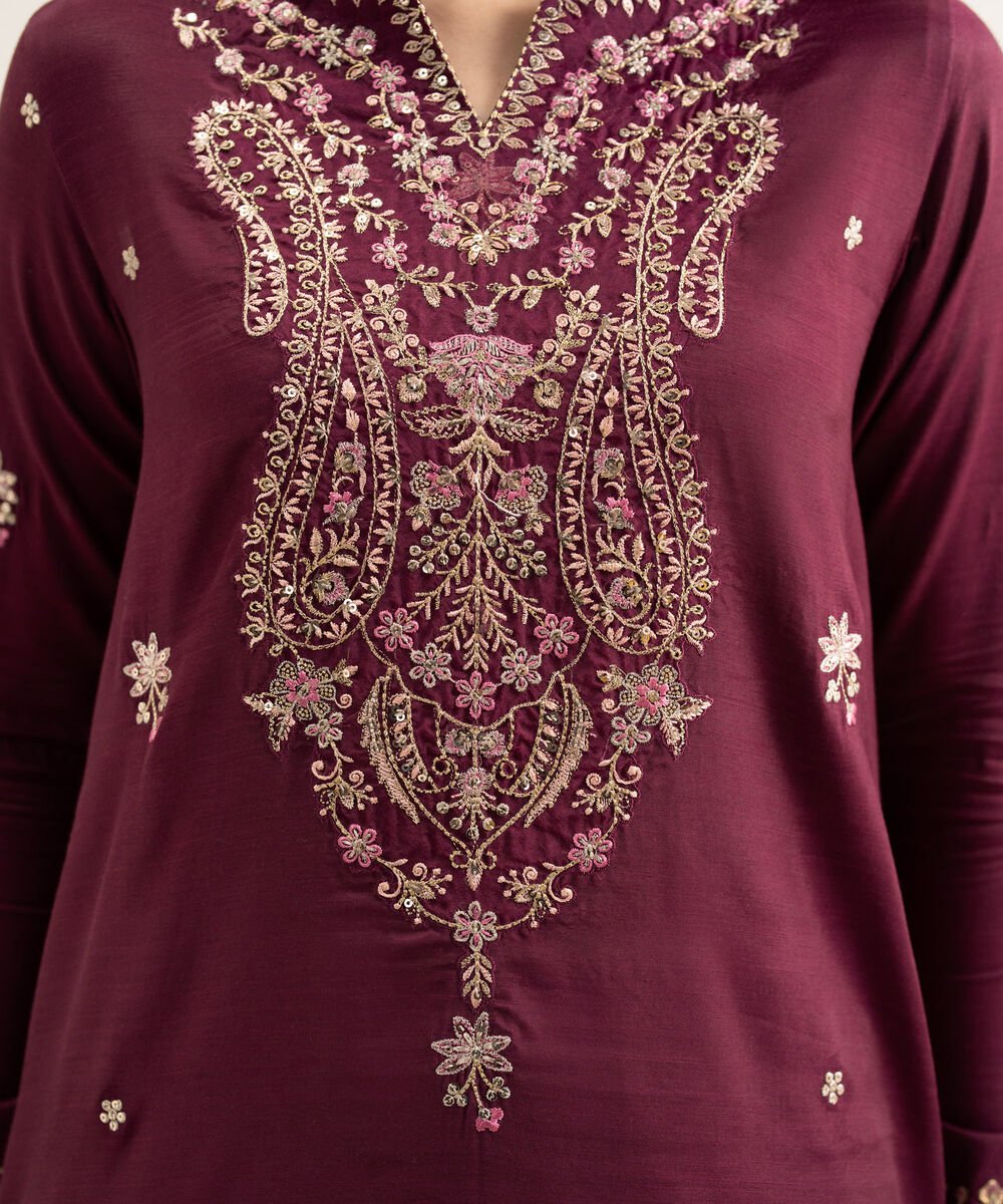 3 Piece - Embroidered Raw Silk Suit