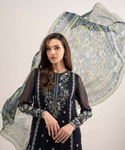 3 Piece - Embroidered Chiffon Suit
