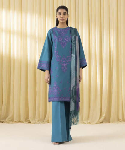 3 Piece - Embroidered Cotton Satin Suit (Unstitched)