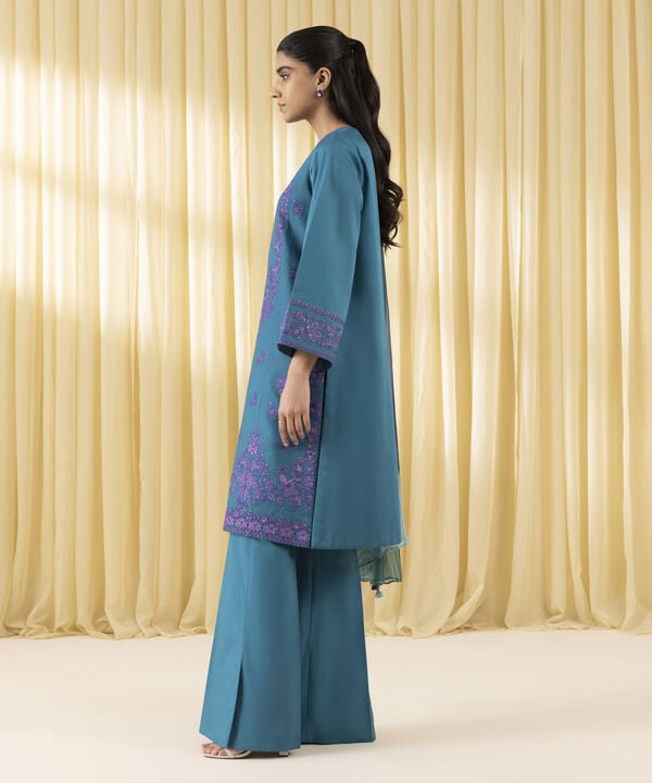 3 Piece - Embroidered Cotton Satin Suit (Unstitched)