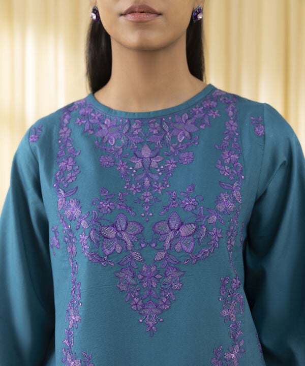3 Piece - Embroidered Cotton Satin Suit (Unstitched)
