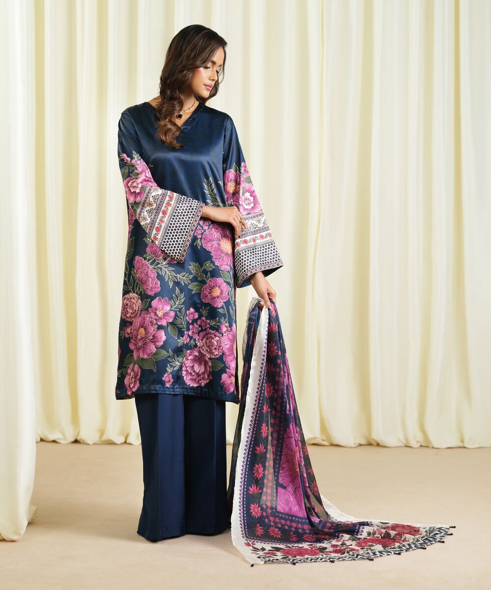 3 Piece - Embroidered Satin Suit