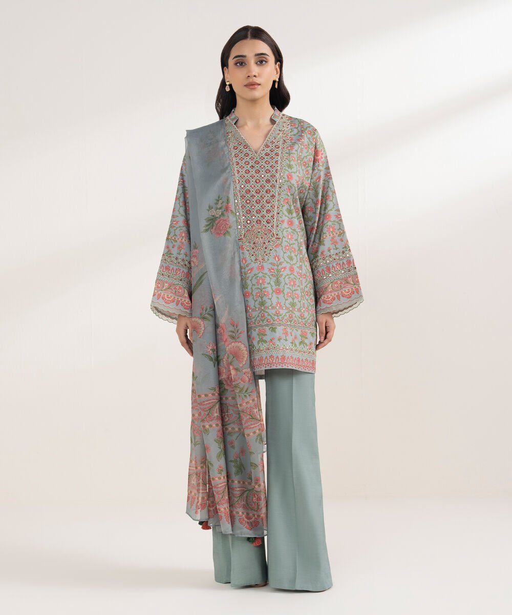 3 Piece - Embroidered Silk Suit
