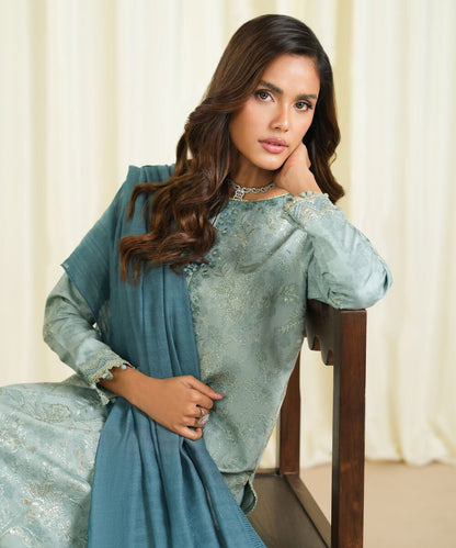 3 Piece - Embroidered Cotton Jacquard Suit